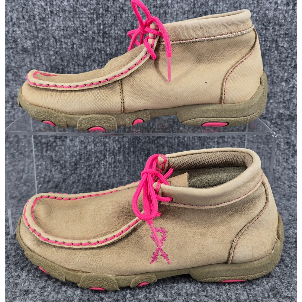 Twisted X Driving Moc Girls 3.5M Tan Pink Breast Cancer Awareness Western School